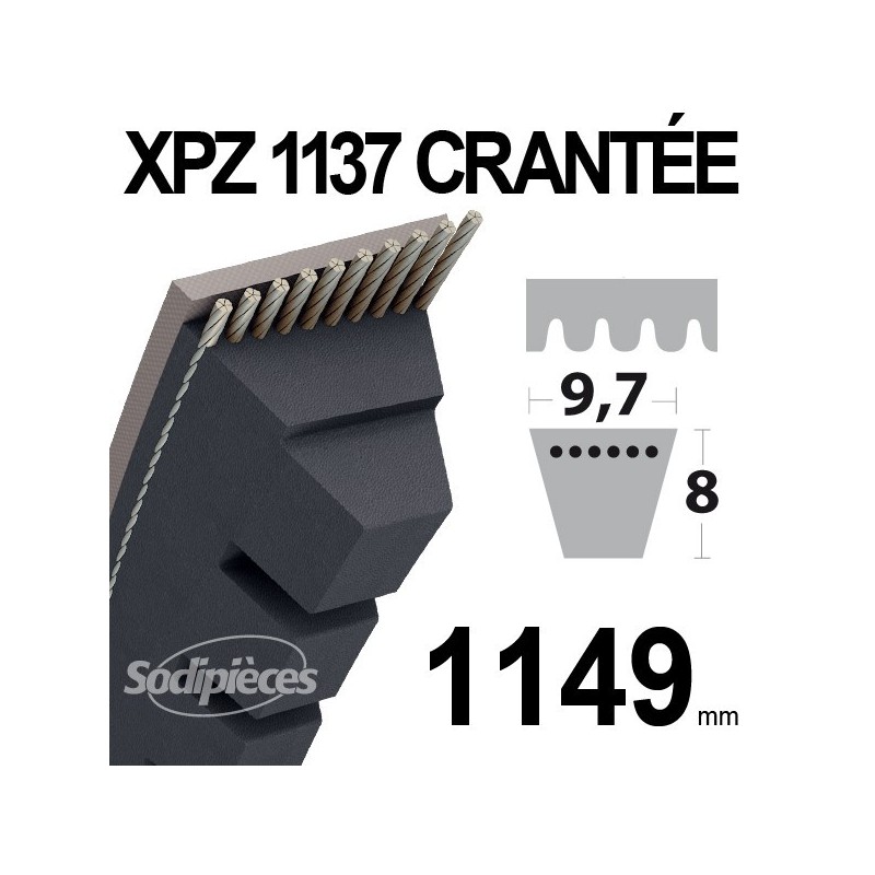 Courroie XPZ1137 Trapézoïdale crantée. 9,7 mm x 1149 mm.