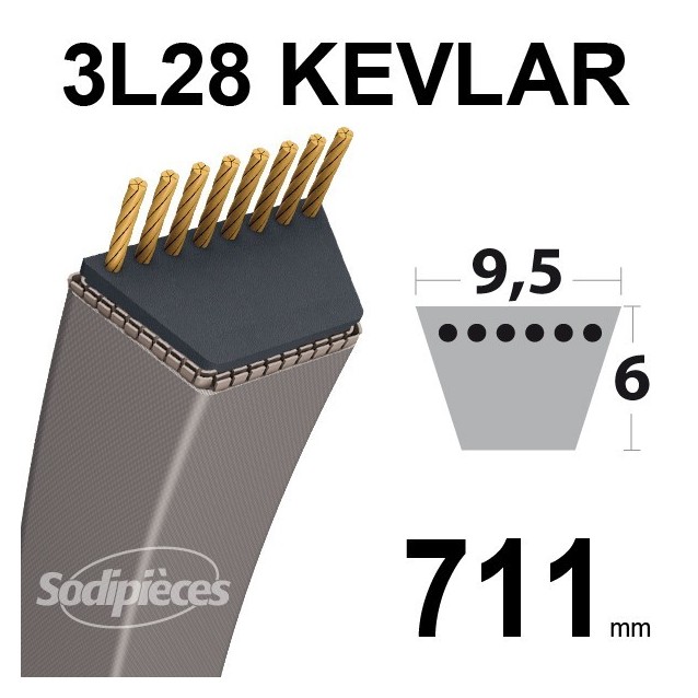 Courroie 3L28 Kevlar Trapézoïdale. 9,5 mm x 711 mm.