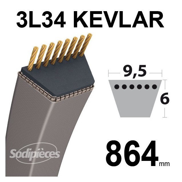 Courroie 3L34 Kevlar Trapézoïdale. 9,5 mm x 864 mm.