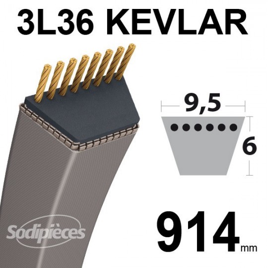 Courroie 3L36 Kevlar Trapézoïdale. 9,5 mm x 914 mm.