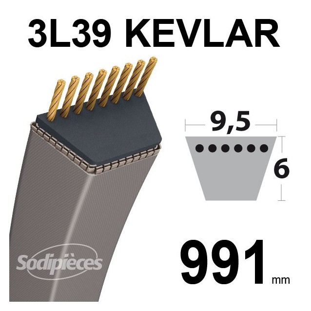 Courroie 3L39 Kevlar Trapézoïdale. 9,5 mm x 991 mm.