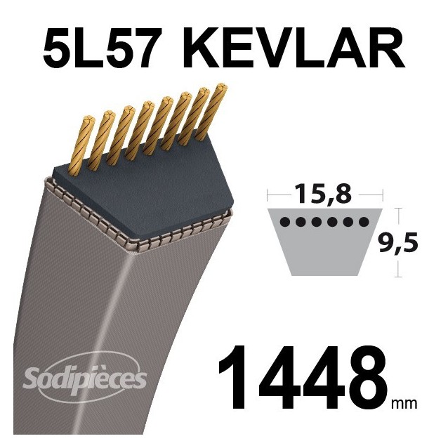 Courroie 5L57 Kevlar Trapézoïdale. 15,8 mm x 1448 mm.