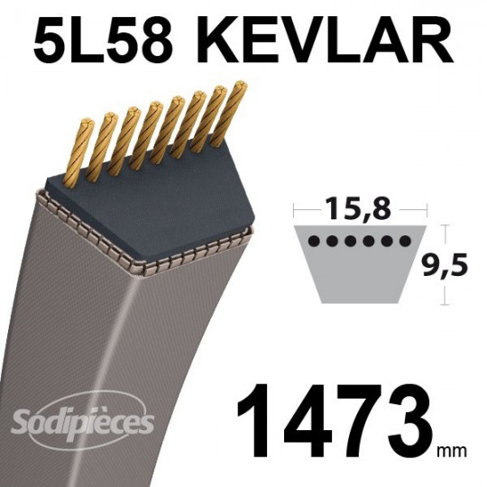 Courroie 5L58 Kevlar Trapézoïdale. 15,8 mm x 1473 mm.