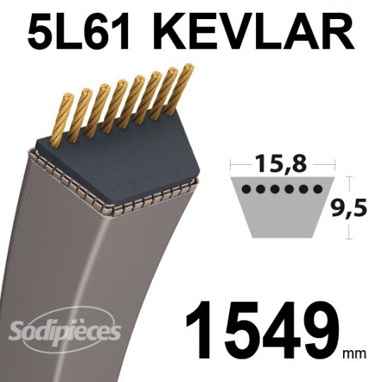 Courroie 5L61 Kevlar Trapézoïdale. 15,8 mm x 1549 mm.