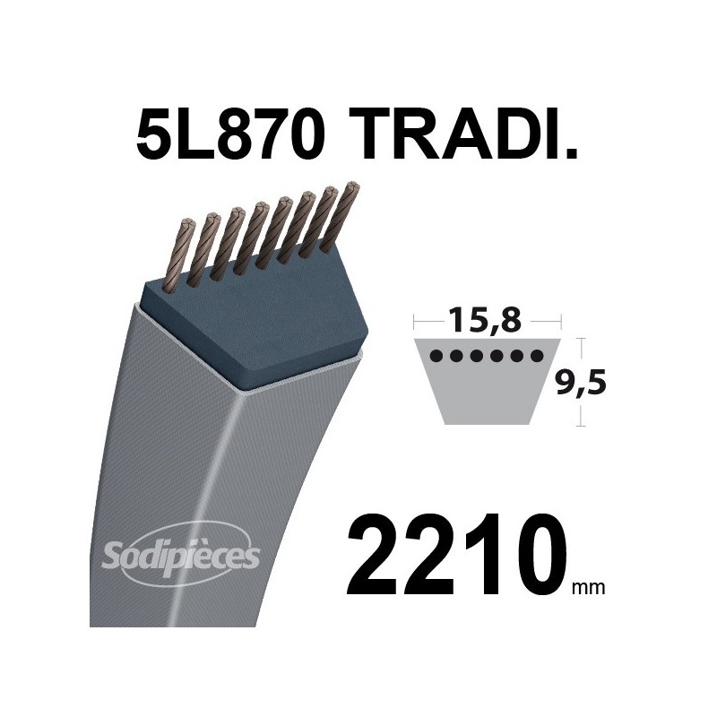 Courroie 5L870 Traditionnelle Trapézoïdale. 15,8 mm x 2210 mm.