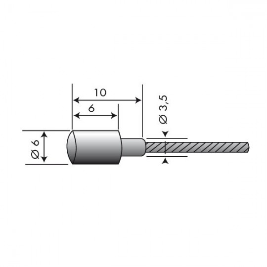 Cable souple diam 2 mm. L : 2,5 m. Tête 6 x 6 mm