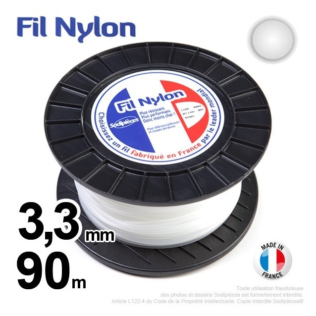 Fil débroussailleuse nylon rond. 3,3 mm x 90 m. Bobine. Blanc