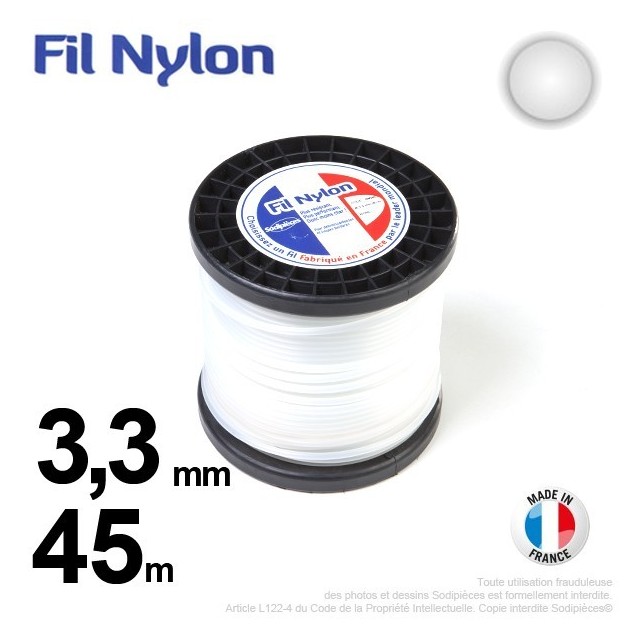 Fil débroussailleuse nylon Rond. 3,3 mm x 45 m. Bobine. Blanc