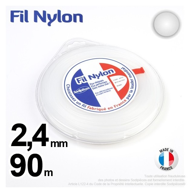 Fil débroussailleuse nylon Rond. 2,4 mm x 90 m. Coque. Blanc