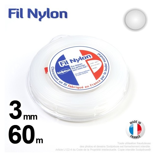 Fil débroussailleuse nylon Rond. 3 mm x 60 m. Coque. Blanc