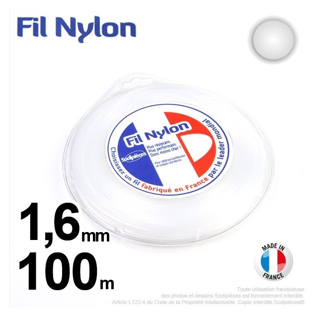 Fil débroussailleuse nylon Rond. 1,6 mm x 100 m. Coque. Blanc