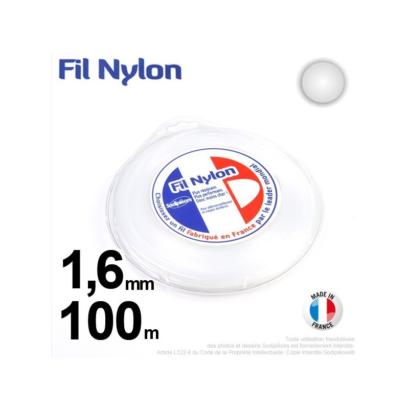 Fil débroussailleuse nylon Rond. 1,6 mm x 100 m. Coque. Blanc