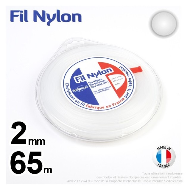 Fil débroussailleuse nylon Rond. 2 mm x 65 m. Coque. Blanc