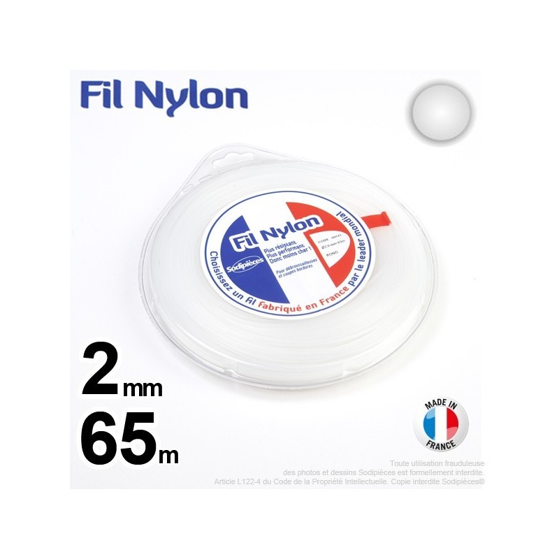 Fil débroussailleuse nylon Rond. 2 mm x 65 m. Coque. Blanc