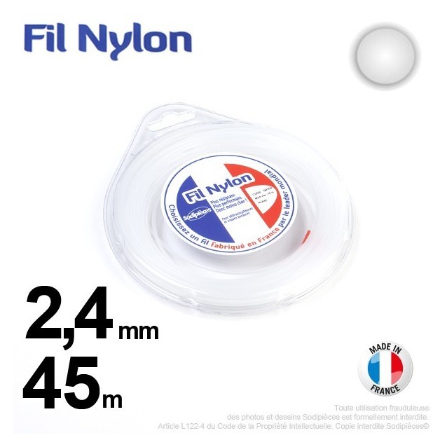 Fil débroussailleuse nylon Rond. 2,4 mm x 45 m. Coque. Blanc