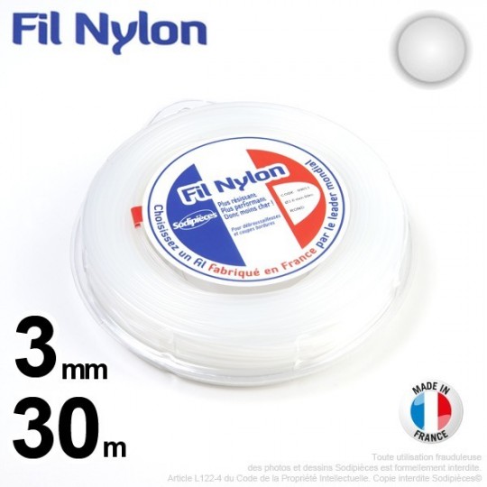 Fil débroussailleuse nylon Rond. 3 mm x 30 m. Coque. Blanc