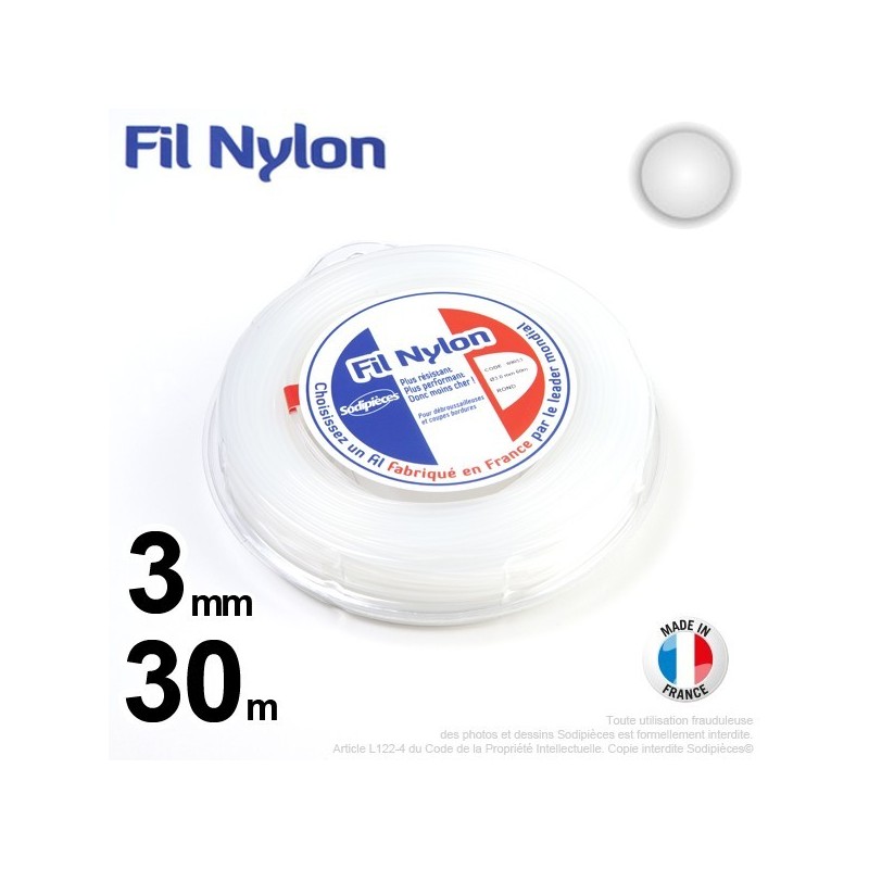 Fil débroussailleuse nylon Rond. 3 mm x 30 m. Coque. Blanc