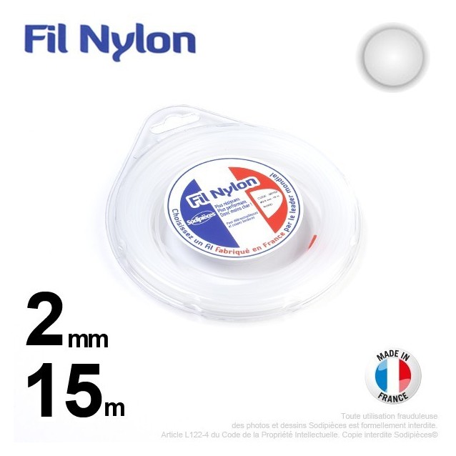 Fil débroussailleuse nylon Rond. 2 mm x 15 m. Coque. Blanc