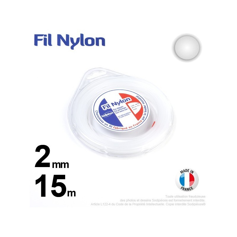 Fil débroussailleuse nylon Rond. 2 mm x 15 m. Coque. Blanc