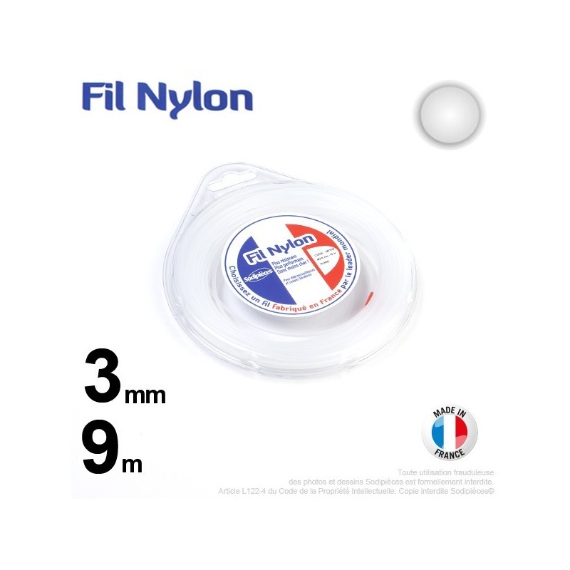 Fil débroussailleuse nylon Rond. 3 mm x 9 m. Coque. Blanc