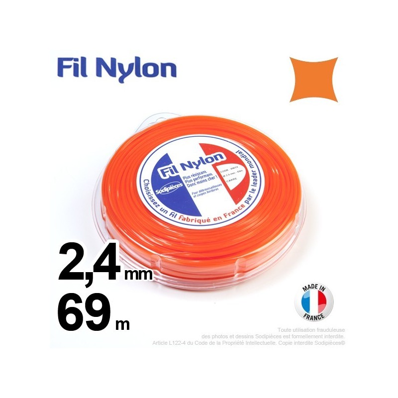 Fil débroussailleuse nylon carré. 2,4 mm x 69 m. Coque. Orange