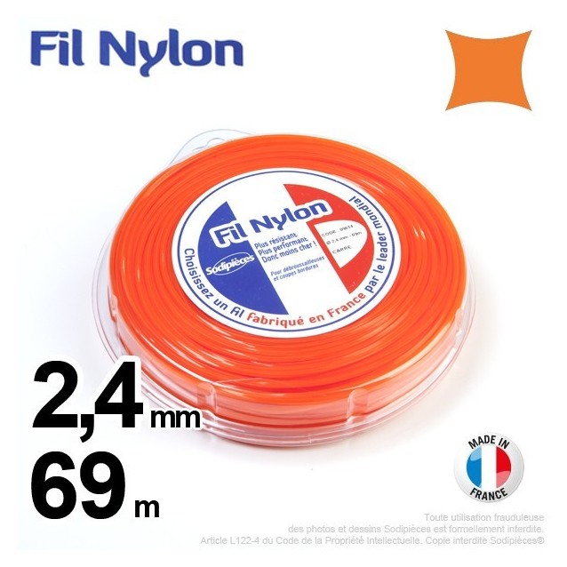 Fil débroussailleuse nylon carré. 2,4 mm x 69 m. Coque. Orange