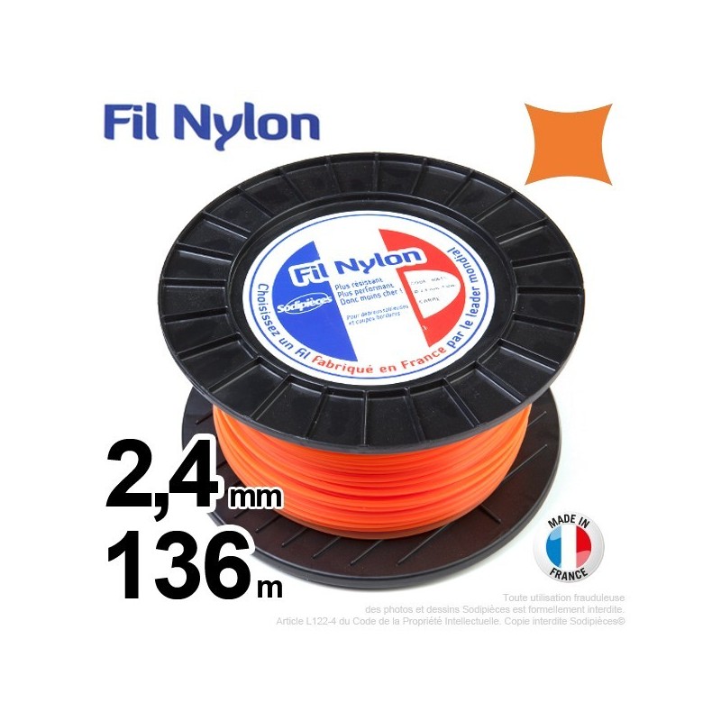 Fil débroussailleuse nylon carré. 2,4 mm x 136 m. Bobine. Orange
