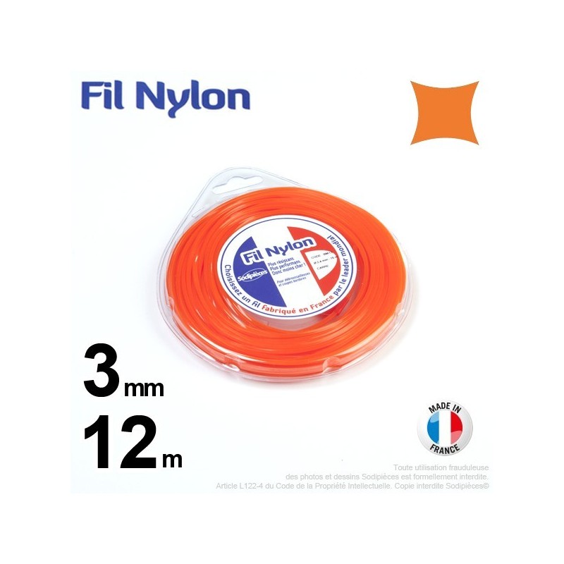 Fil débroussailleuse nylon carré. 3 mm x 12 m. Coque. Orange