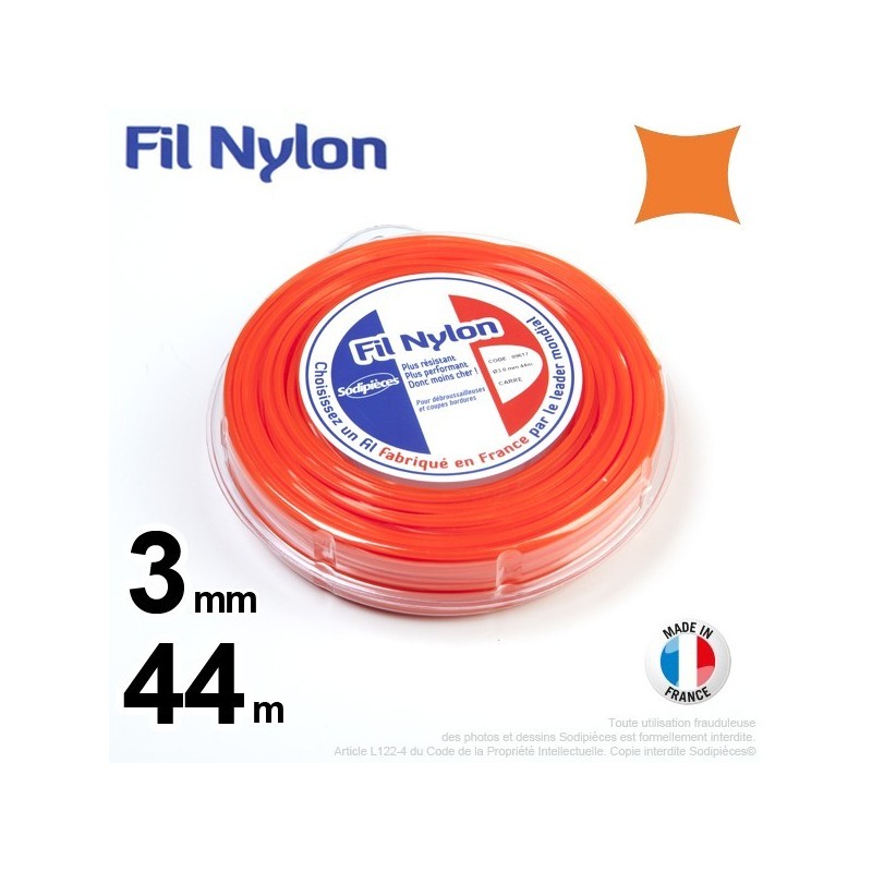 Fil débroussailleuse nylon carré. 3 mm x 44 m. Coque. Orange