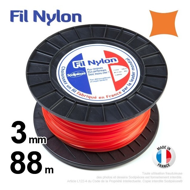 Fil débroussailleuse nylon carré. 3 mm x 88 m. Bobine. Orange