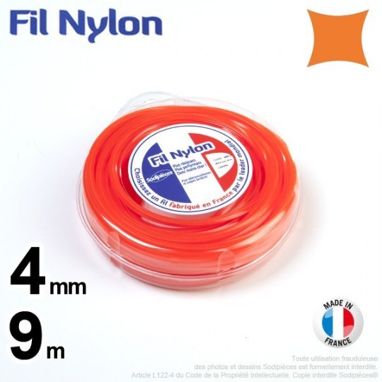 Fil débroussailleuse nylon carré. 4 mm x 9 m. Coque. Orange