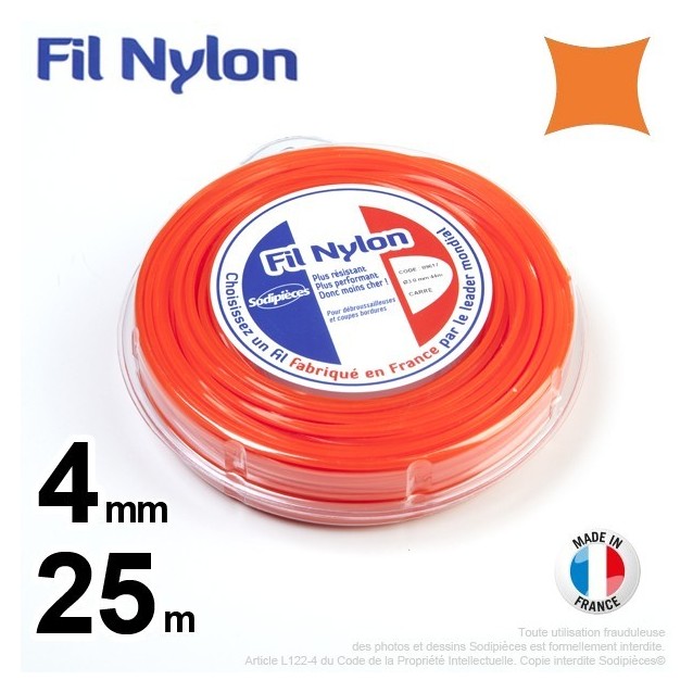 Fil débroussailleuse nylon carré. 4 mm x 25 m. Coque. Orange