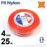 Fil débroussailleuse nylon carré. 4 mm x 25 m. Coque. Orange