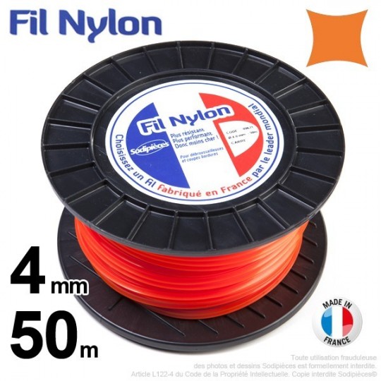 Fil débroussailleuse nylon carré. 4 mm x 50 m. Bobine. Orange