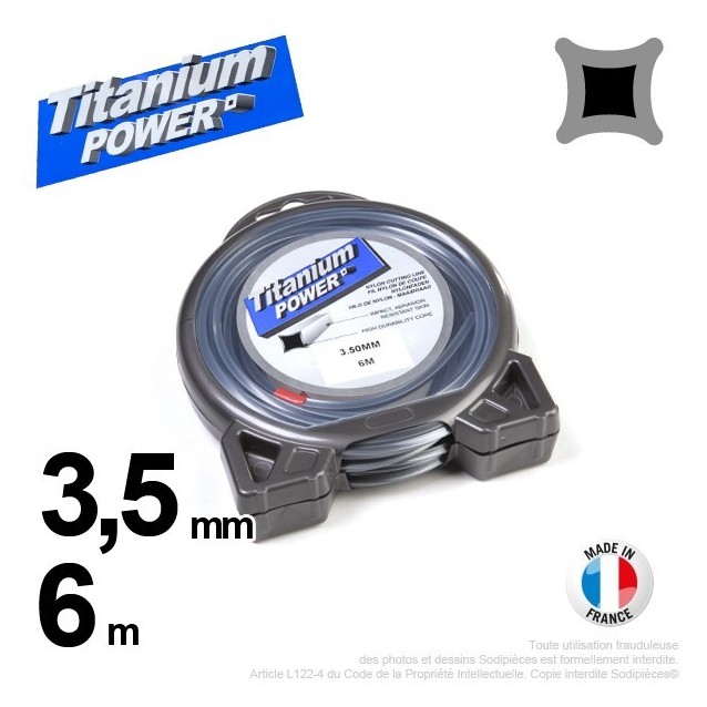 Fil débroussailleuse Titanium ®. Carré. Coque : 3.5 mm x 6 m Fil débroussailleuse Titanium ®. Carré. Coque : 3.5 mm x 6 m
