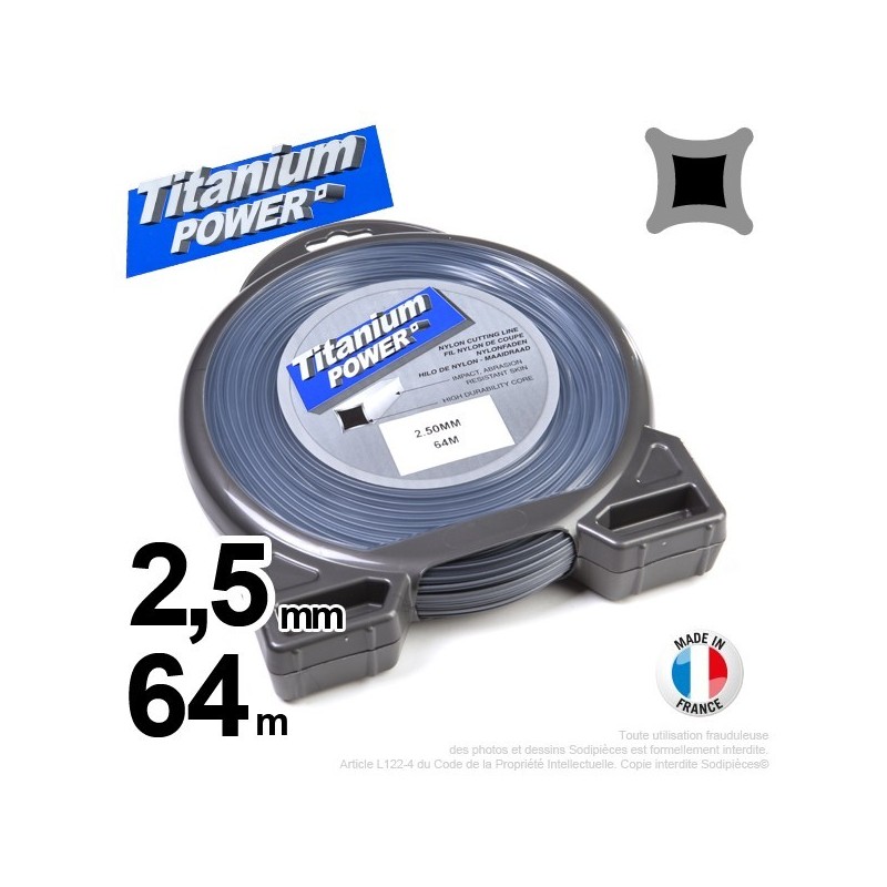 Fil débroussailleuse Titanium ®. Carré. Coque : 2,5 mm x 64 m