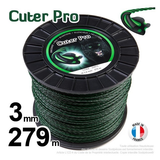 Fil débroussailleuse Cuter' Pro ®. Bobine 3 mm x 279 m. Hélicoïdal. Fil débroussailleuse Cuter' Pro ®. Bobine 3 mm x 279 m. Hélicoïdal.