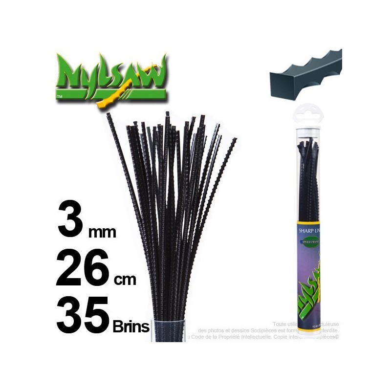 Fil débroussailleuse nylsaw ®. Tube 3 mm x 0,26 m. Lot de 35 brins.