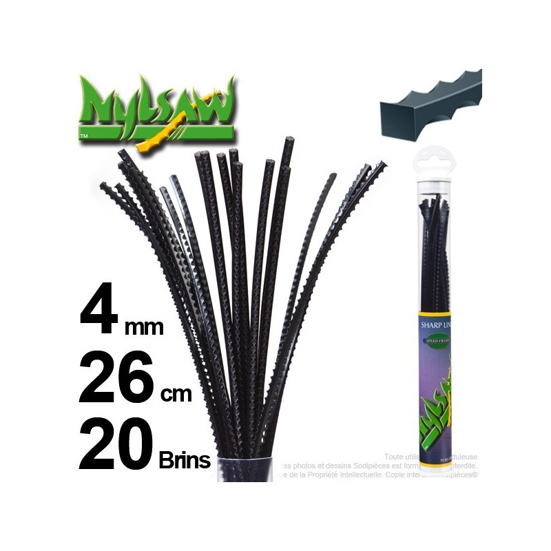 Fil débroussailleuse nylsaw ®. Tube 4 mm x 0,26 m.  Lot de 20 brins. 