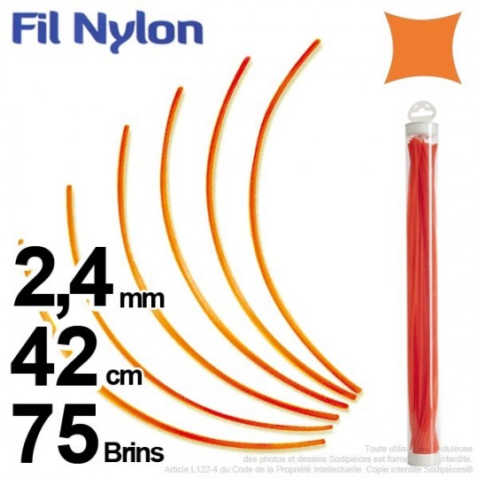 Fil débroussailleuse nylon carré. 2,4 mm x 42 cm. Lot de 75 brins. Orange