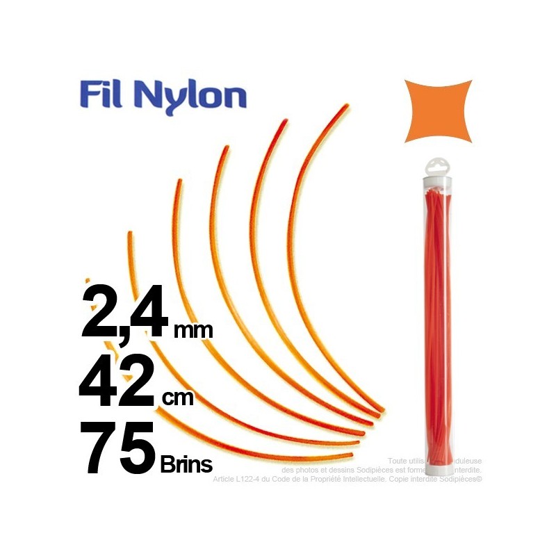 Fil débroussailleuse nylon carré. 2,4 mm x 42 cm. Lot de 75 brins. Orange