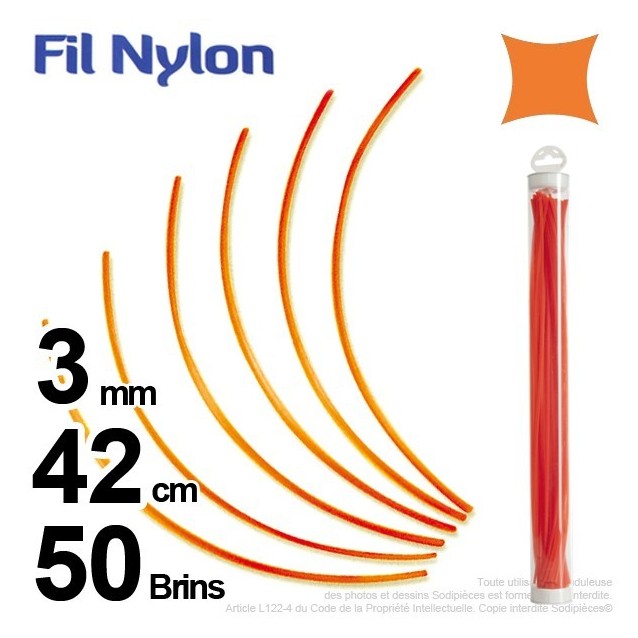 Fil débroussailleuse nylon carré. 3 mm x 42 cm. Lot de 50 brins. Orange