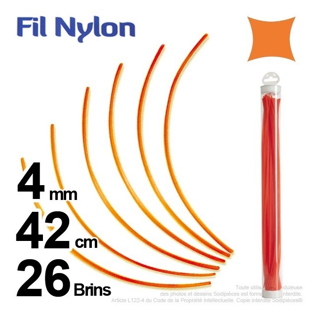 Fil débroussailleuse nylon carré. 4 mm x 42 cm. Lot de 26 brins. Orange