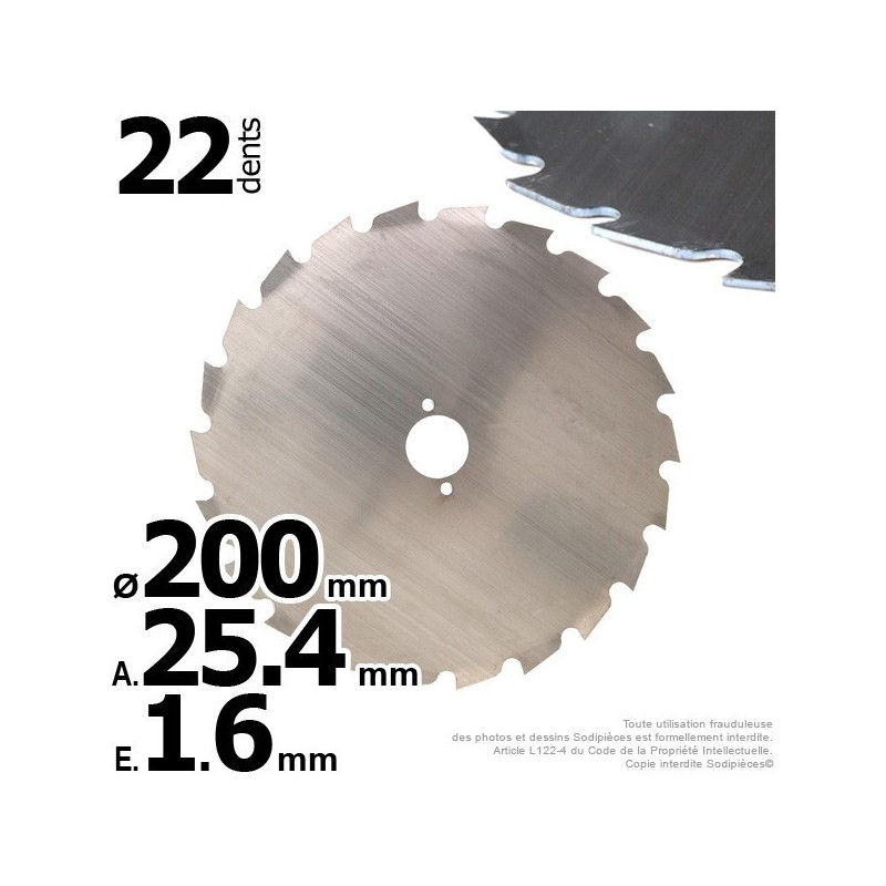 Lame 22 dents à gouges Ø de coupe 200 mm. Ale : 25,4 mm