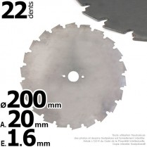 Lame 22 dents à gouges dentées Ø 200 mm. Al 20 mm. Ep 1,6 mm