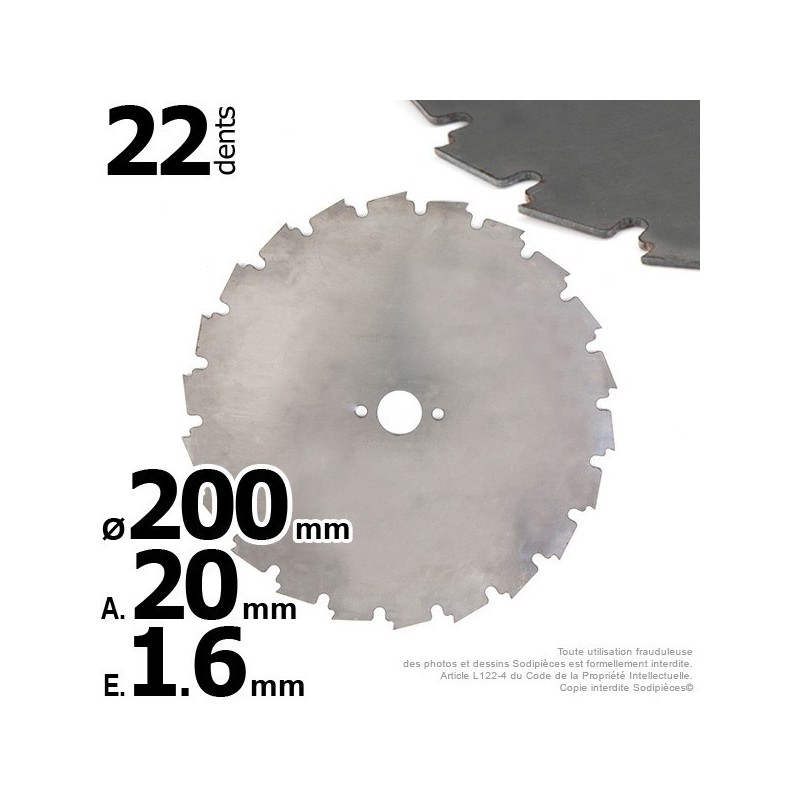Lame 22 dents à gouges dentées Ø 200 mm. Al 20 mm. Ep 1,6 mm