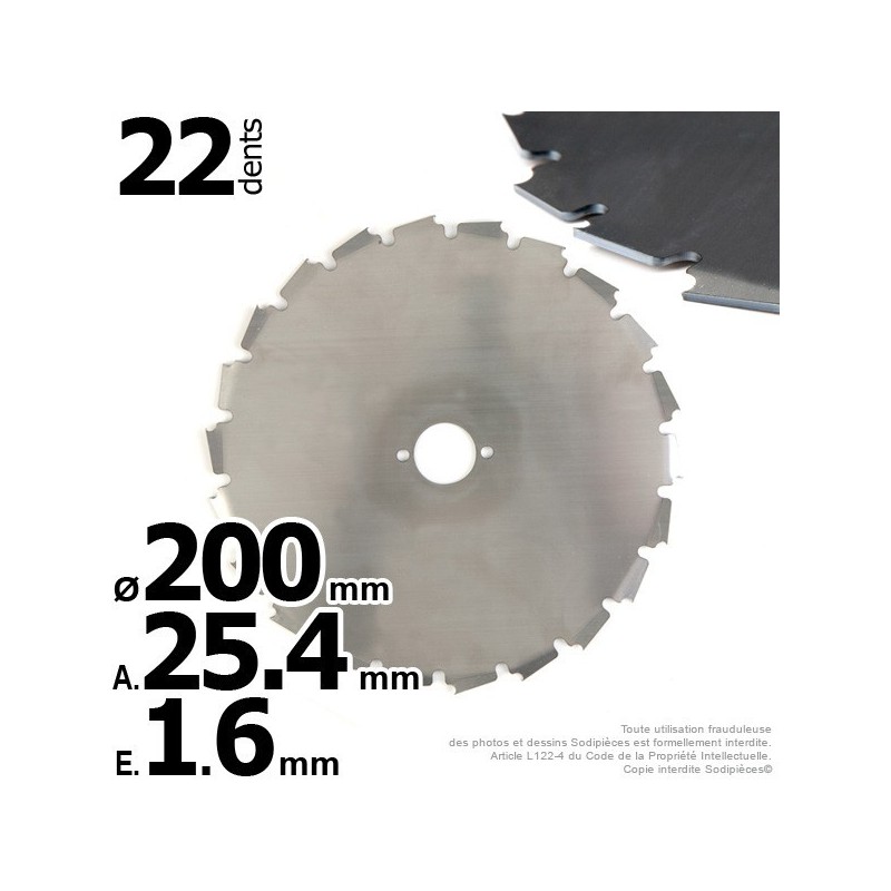 Lame 22 dents à gouges Ø de coupe 200 mm. Ale : 25,4 mm