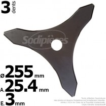 Lame 3 dents Ø coupe 255 mm. Alésage 25,4 mm. Ep : 3 mm.