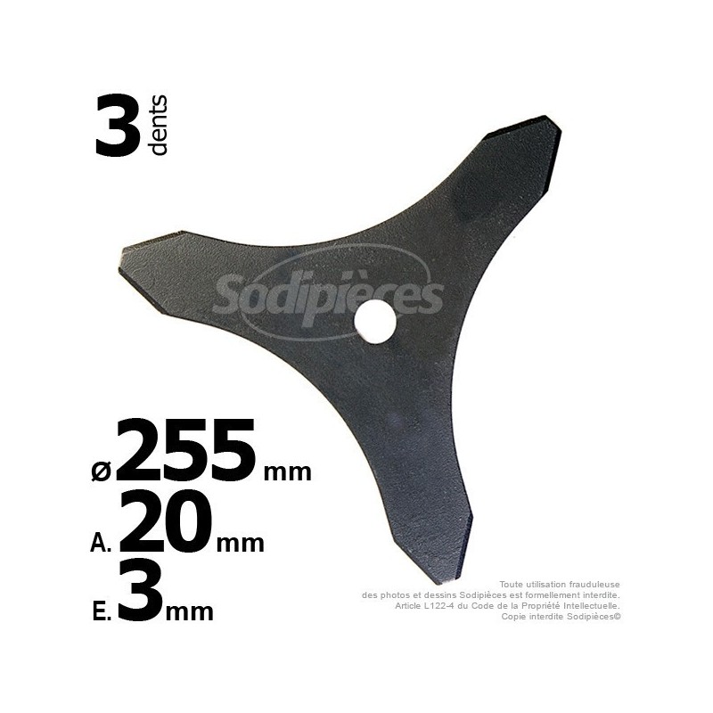 Lame 3 dents Ø coupe 255 mm. Alésage : 20 mm. Ep 3 mm