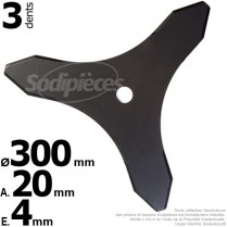 Lame 3 dents Ø coupe 300 mm. Alésage 20.0 mm. Ep : 4 mm